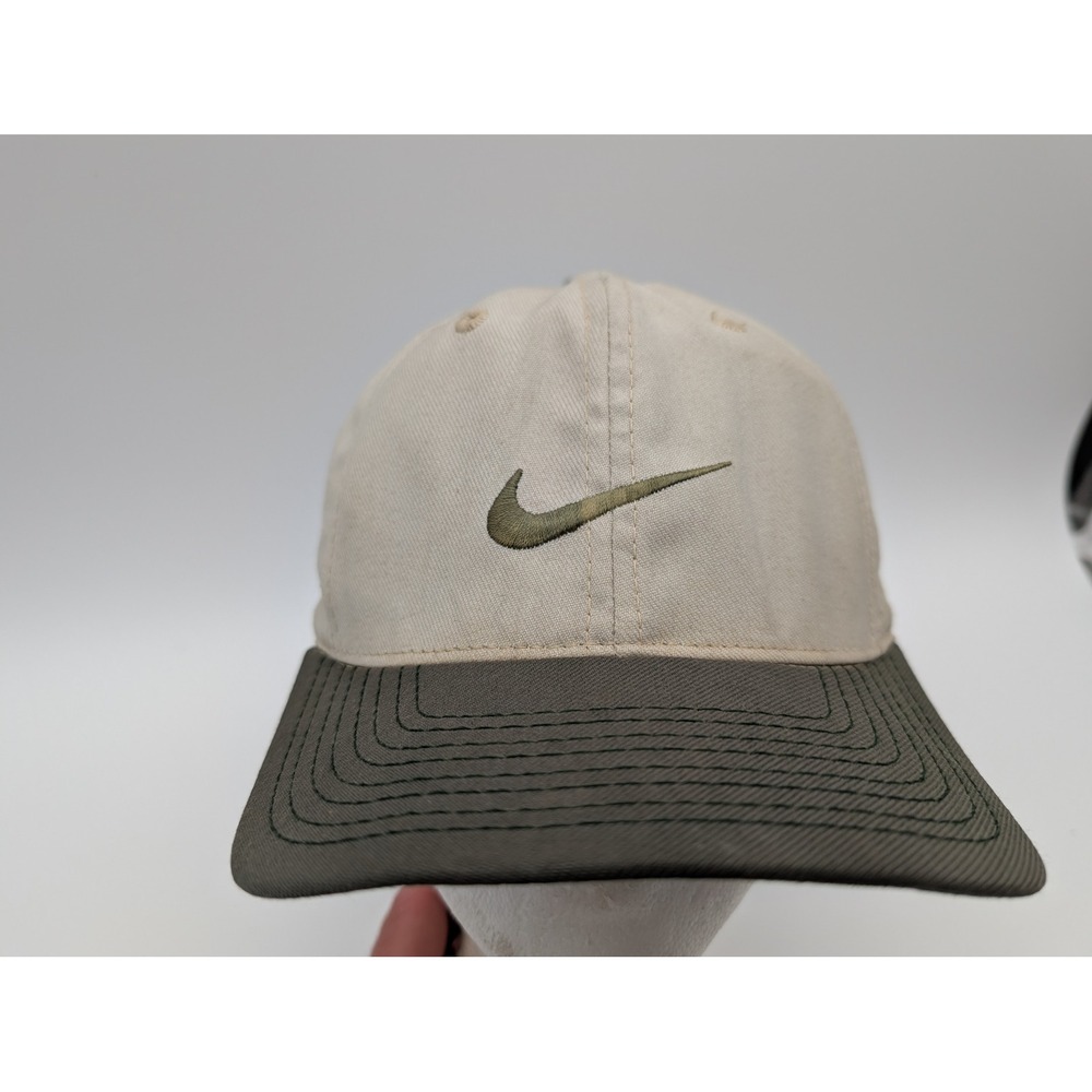 Nike Golf Hat Cream Olive Green Two Tone Embroidered Swoosh Metal Logo Cap